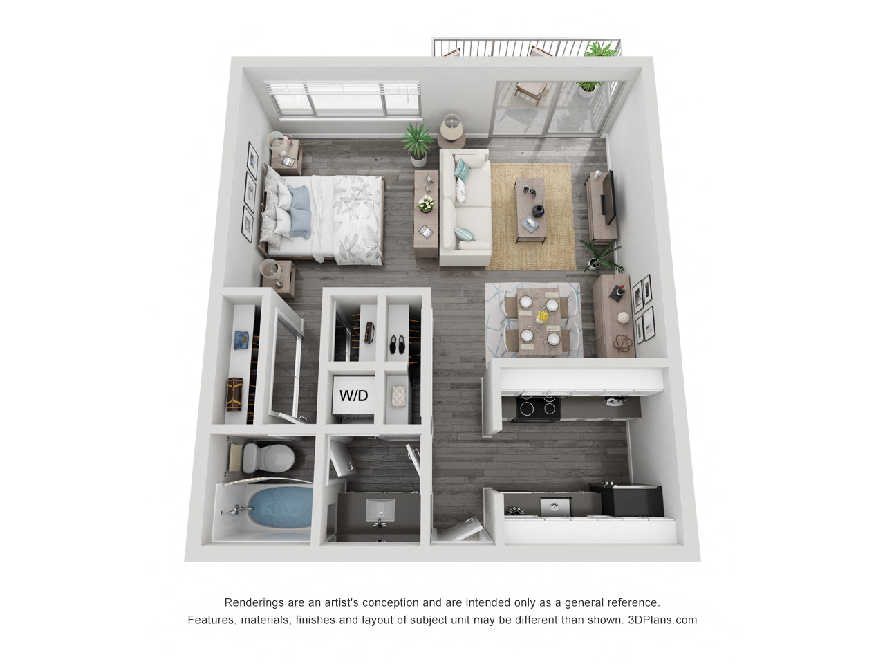 Floor plan for studio, 1 bath, 600 sqft